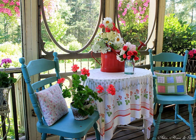 Pe Veranda, frumoase, flori, scaune, masuta, HD wallpaper