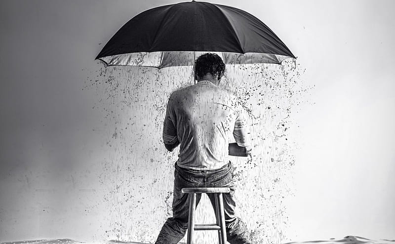 Sadness, umbrella, black, man, creative, mood, situation, fantasy, bw, sad, rain, white, HD wallpaper