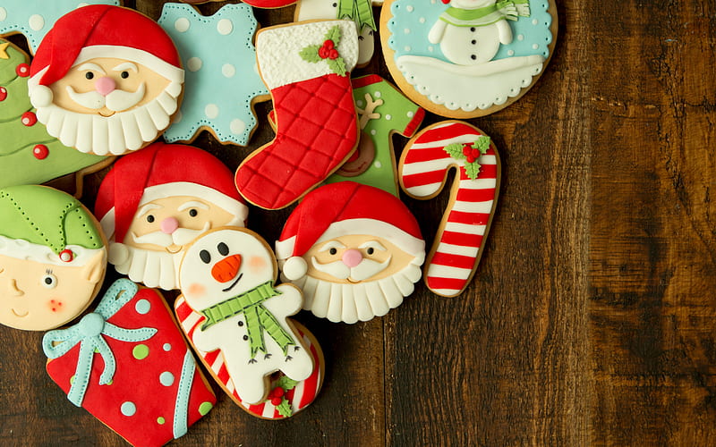 Christmas cookies, New Year, wooden background, cookies, Santa Claus, Christmas, HD wallpaper