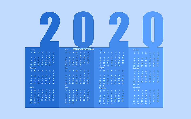 2020 Calendar, all months, creative art, 2020 concepts, 2020 New Year, Blue 2020 Paper Calendar, HD wallpaper