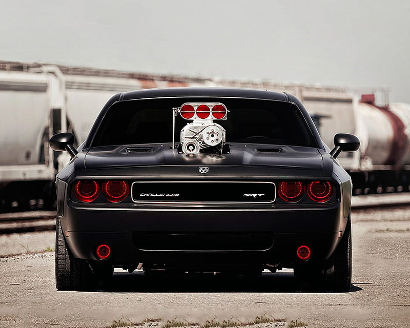 Dodge challenger, black, muscle car, red, road, train, HD wallpaper