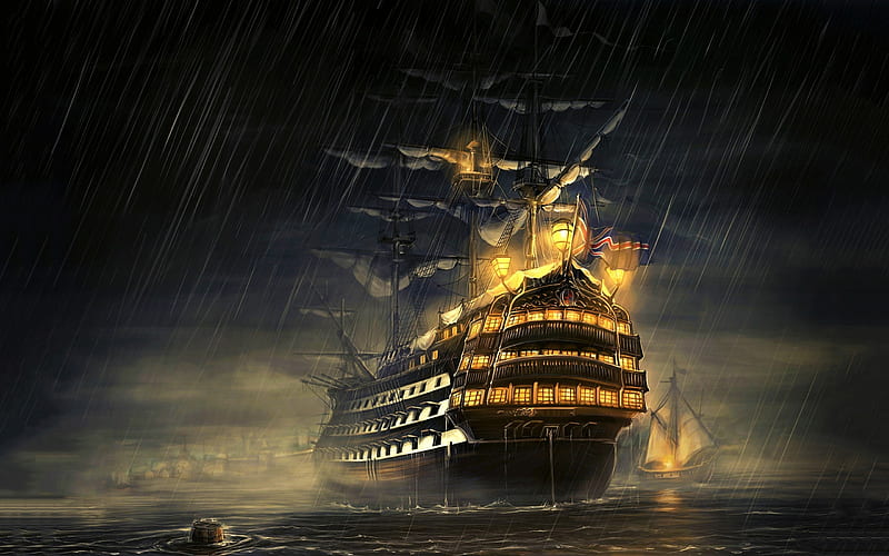sailing ship, ocean, raining, lights, artwork, Fantasy, HD wallpaper
