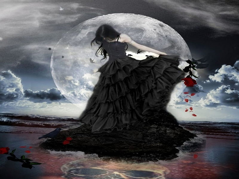 GOTHIC ROSE, DRESS, FEMALE, BEACH, MOON, BLACK, ROSES, FLOWERS, GOTHIC, RED, HD wallpaper