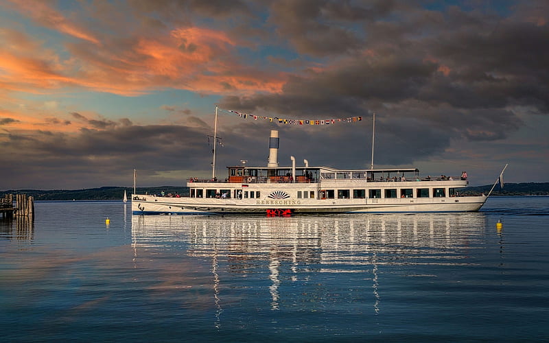 Steamboat, clouds, reflection, ship, lake, HD wallpaper