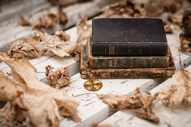 Religion Books, floor, books, autumn leaves, three, hq, holy bible, religions, old books, wood, HD wallpaper