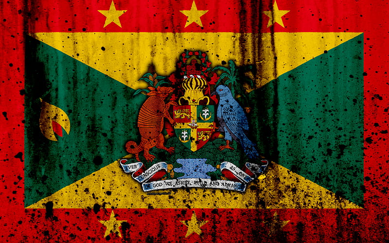 Grenada flag grunge, North America, flag of Grenada, national symbols, Grenada, coat of arms of Grenada, Grenada national emblem, HD wallpaper