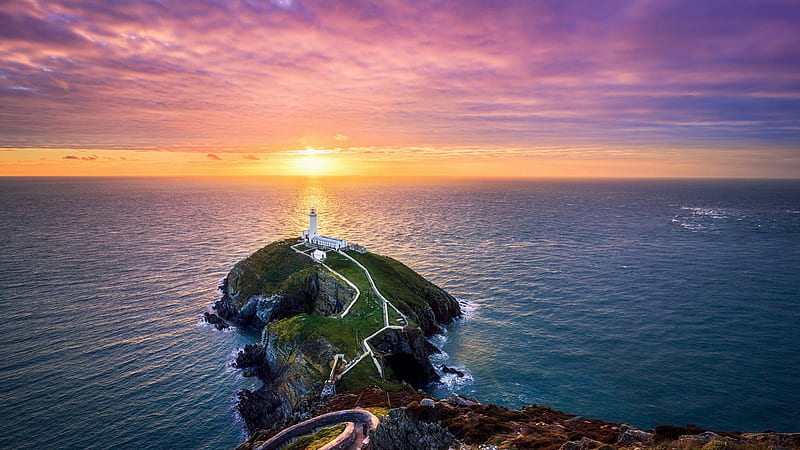 magnificent horizon over south stack lighthouse in wales, point, horizon, sunset, clouds, lighthouse, sea, HD wallpaper