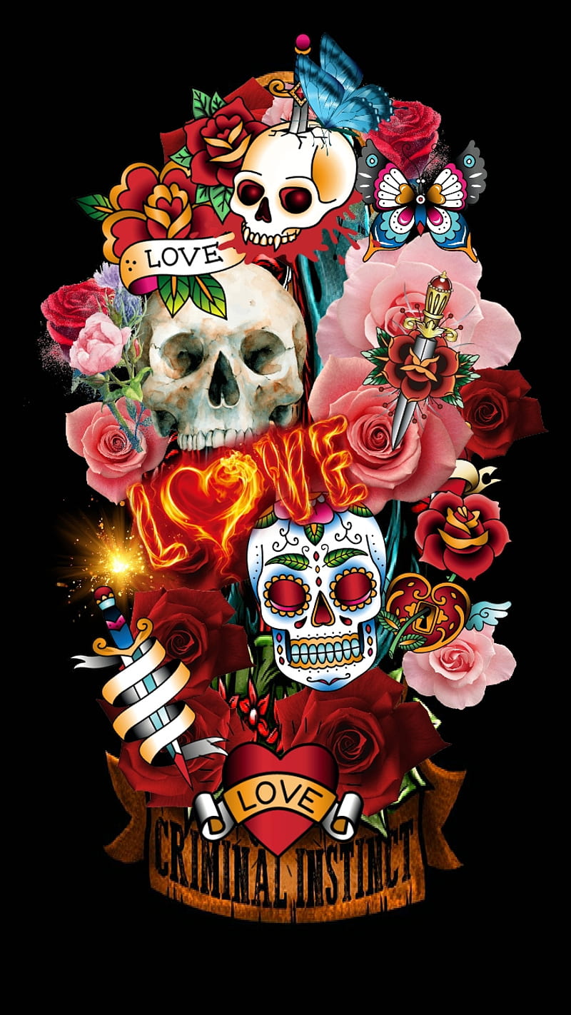 Love It, sugar, skull, roses, flowers, dead, pink, red, black, HD phone wallpaper