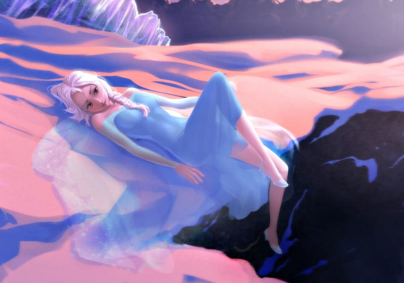 Elsa, art, aconitea, woman, winter, fantasy, girl, snow, anime