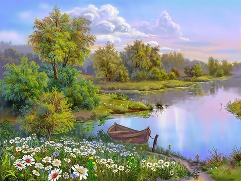 Nature landscape, pretty, colorful, lovely, romantic, paint, bonito, boat,  flower, HD wallpaper | Peakpx