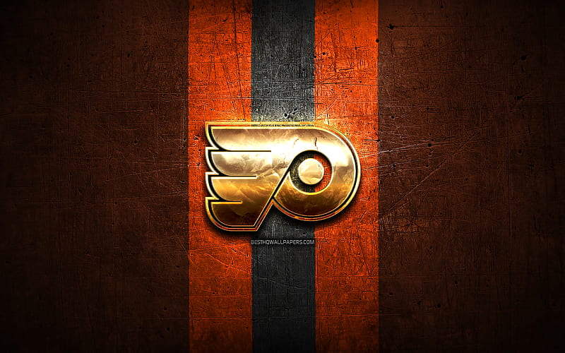 Philadelphia Flyers, golden logo, NHL, orange metal background, american hockey team, National Hockey League, Philadelphia Flyers logo, hockey, USA, HD wallpaper