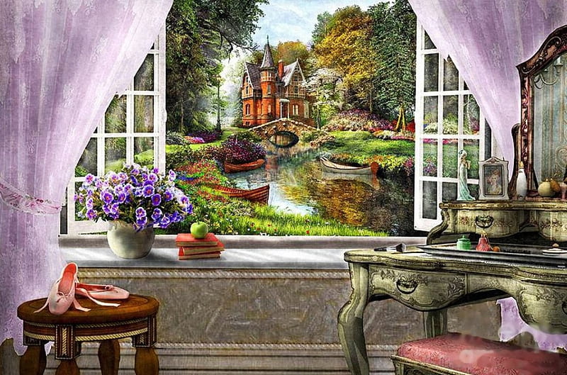 English Garden, table, house, window, trees, artwork, boats, painting, flowers, river, chair, HD wallpaper
