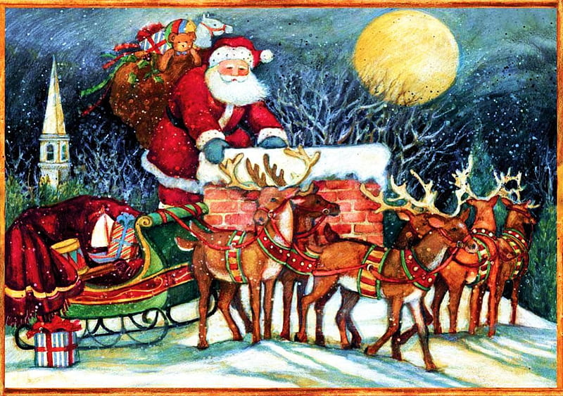 Santa on the Roof, sleigh, moon, snow, reindeer, artwork, chimney, gifts, HD wallpaper