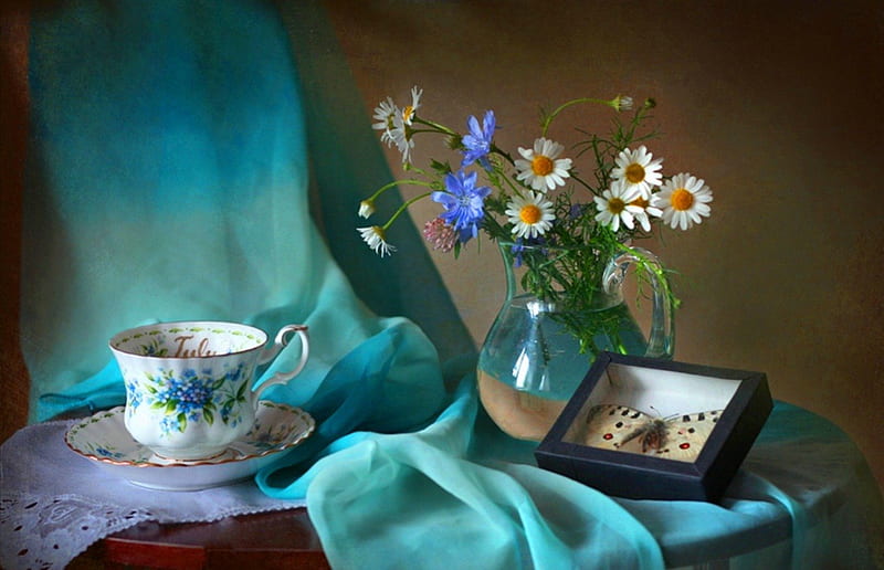 Still life, table, time, box, abstract, tea, floral, graphy, butterfly, cup, flowers, blue, porcelain, HD wallpaper