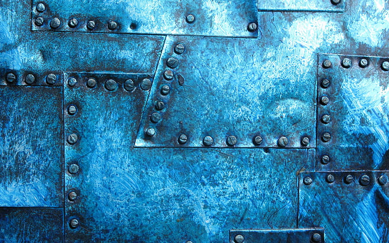 riveted metal plates, blue metal backgrounds, metal plates patterns, metal textures, blue metal plates, HD wallpaper