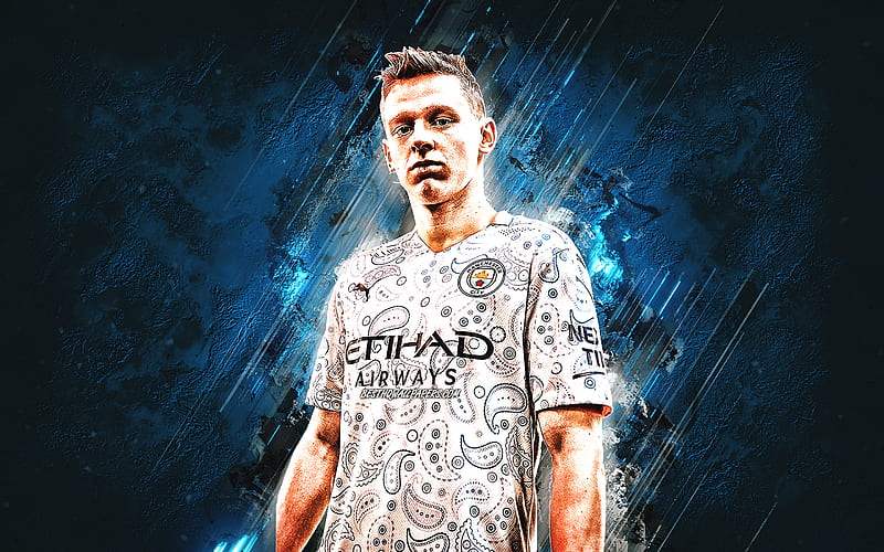 Oleksandr Zinchenko, Manchester City FC, portrait, Ukrainian football player, blue stone background, football, HD wallpaper