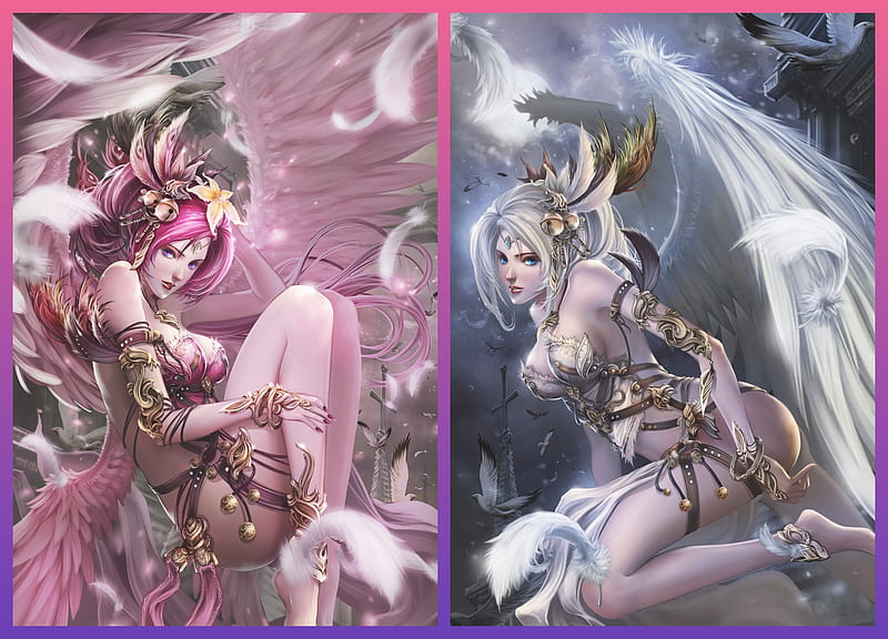 Angels, fantasy, wings, luminos, girl, antilous, collage, pink, white, HD wallpaper