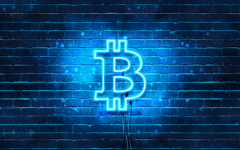 Bitcoin blue logo blue brickwall, Bitcoin logo, cryptocurrency, Bitcoin neon logo, Bitcoin, HD wallpaper