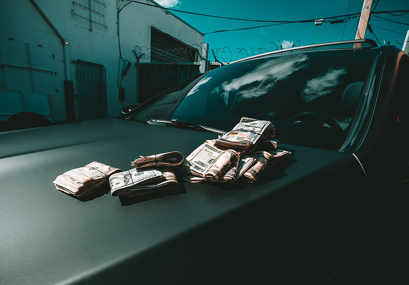 dollars, money, bills, car, hood, HD wallpaper