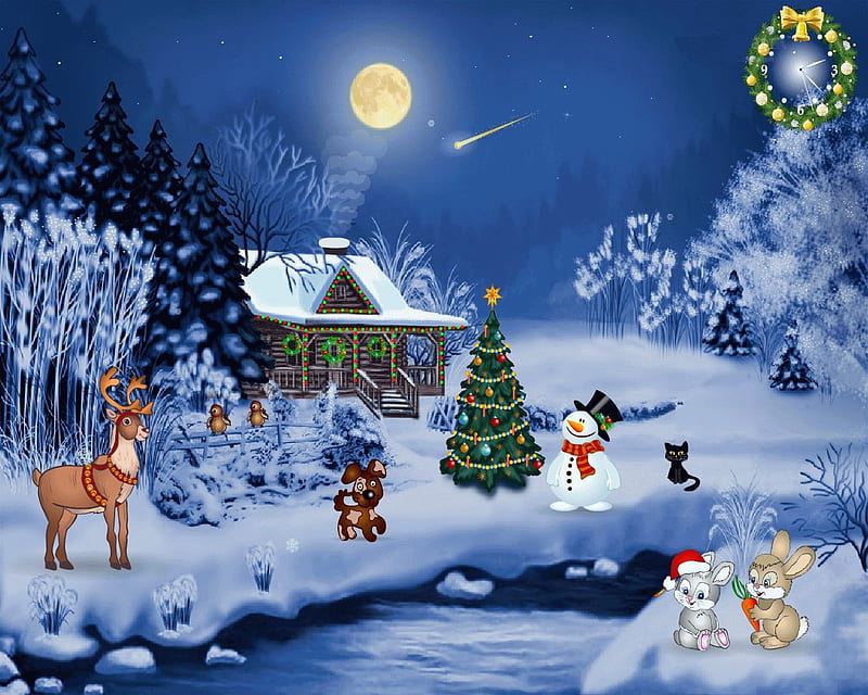 Christmas Visitors, einter, creek, snowman, artwork, deer, moon, snow, painting, rabbits, nicht, HD wallpaper