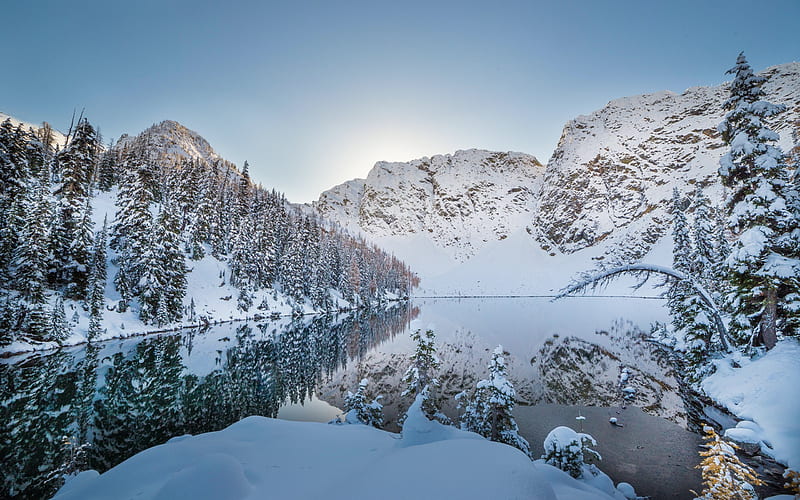 winter lake, mountains, winter, snow, winter landscape, evening, mountain lake, HD wallpaper