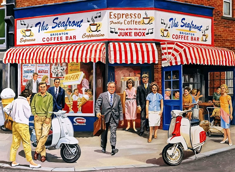 The Coffee Bar, bar, teens, lambretta, seafront, brighton, coffee, mods, people, scooters, HD wallpaper