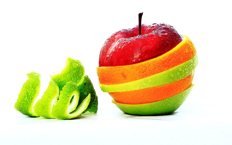 A New Apple, apple, fruit, pear, orange, slices, lime, HD wallpaper