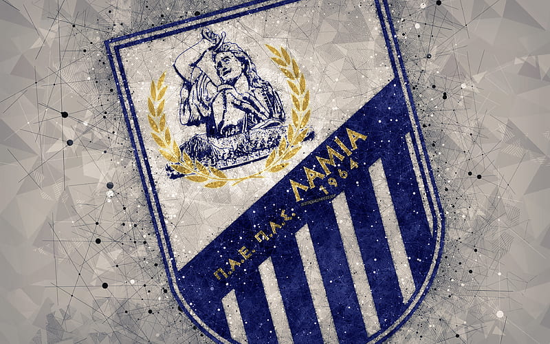 PAS Lamia 1964 logo, geometric art, gray abstract background, Greek football club, emblem, Super League Greece, creative art, Lamia, Greece, football, Lamia FC, HD wallpaper