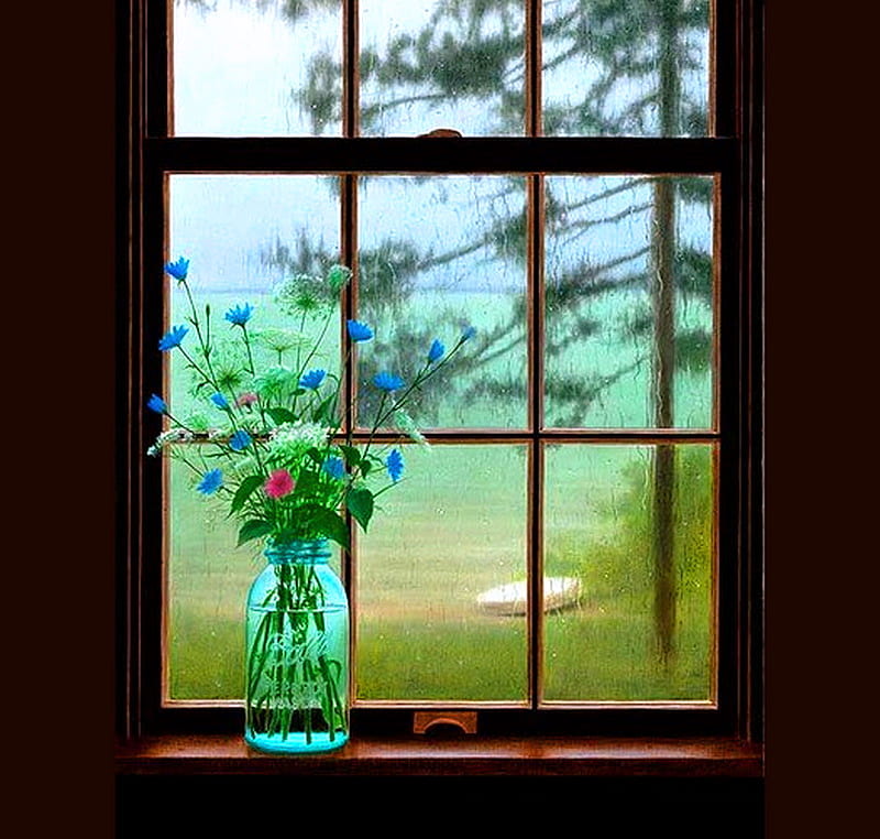 Window dressing, window, green, flowers, vase, colors, spring, trees, panes, HD wallpaper