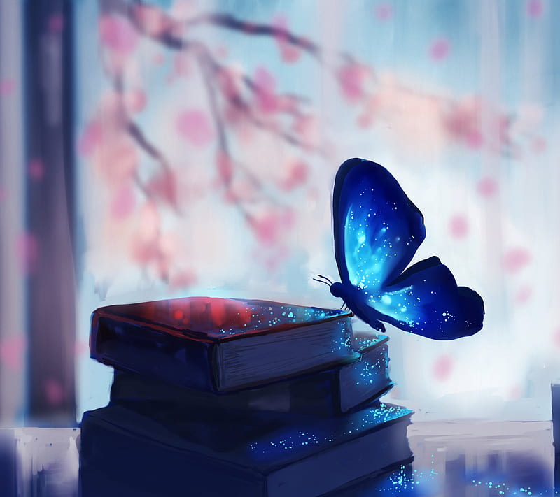 Books and Butterfly, blue, HD wallpaper