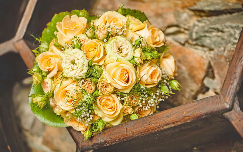romantic bouquet, orange roses, rose bouquet, wedding bouquet, roses, HD wallpaper