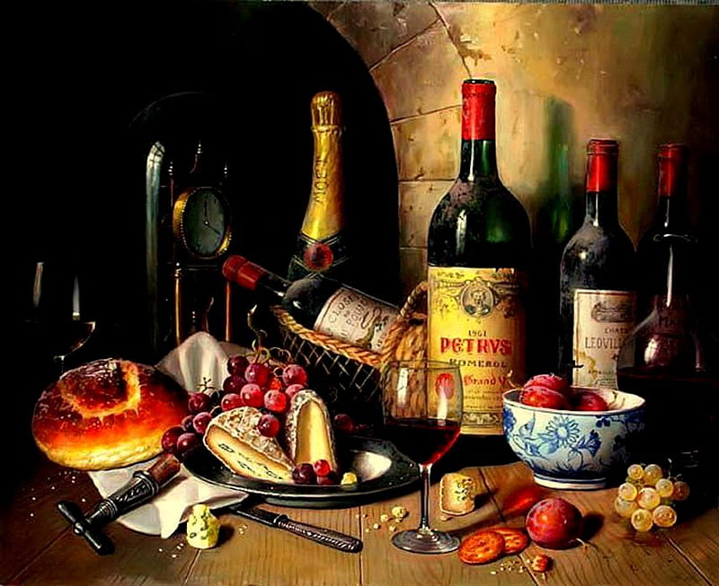 Celebration, table, wine bottles, arch, food, bowl, knife, HD wallpaper