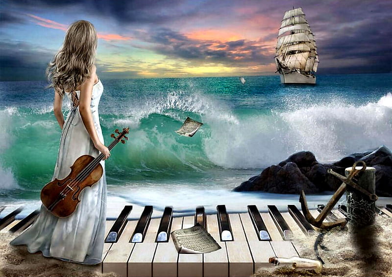 Sea Symphony, art, violin, ocean, bonito, waves, abstract, artwork, sea, fantasy, water, ship, painting, wide screen, keyboard, sailboat, HD wallpaper