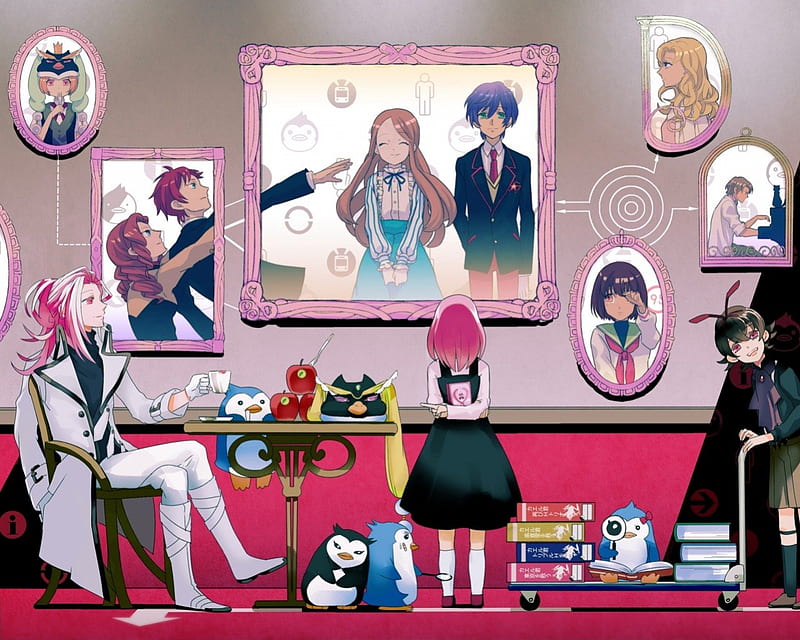Takakura Himari, art, cool, penguine, anime girls, pink hair, HD wallpaper