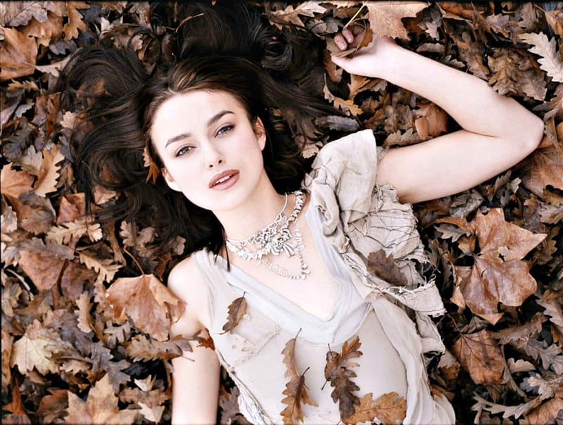 Keira Knightley, autumn, leaves, dress, girl, actress, white, woman, HD wallpaper
