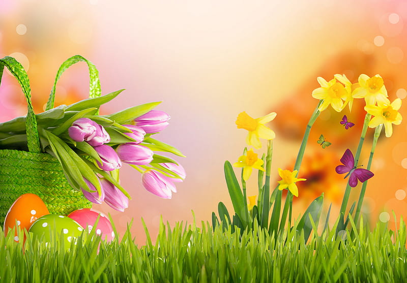 Happy Easter, colorful, grass, easter, bonito, green, flowers, beauty, tulips, tulip, spring time, lovely, easter eggs, colors, spring, basket, eggs, nature, HD wallpaper