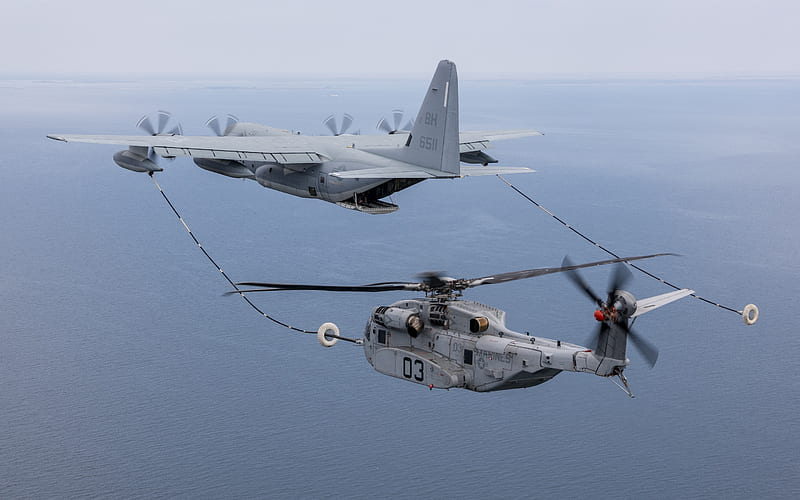 Sikorsky CH-53K King Stallion, United States Marine Corps, USMC, military heavy cargo helicopter, helicopter refueling in the air, US Air Force, HD wallpaper