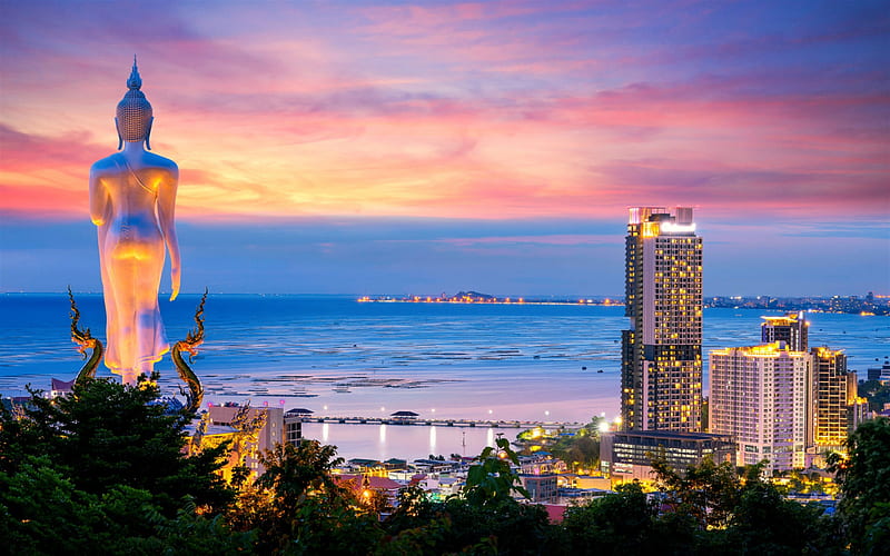 evening, ocean, sunset, statue, Thailand, cityscape, seascape, HD wallpaper