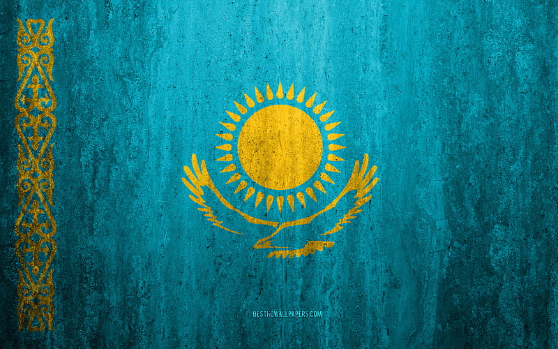 Flag of Kazakhstan stone background, grunge flag, Europe, Kazakhstan flag, grunge art, national symbols, Kazakhstan, stone texture, HD wallpaper