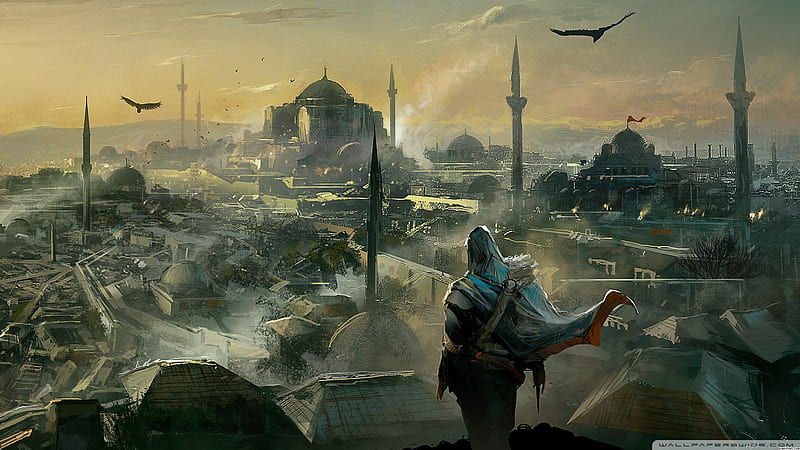 Ezio Overlooking the City, overlooking, city, creed, game, assassins, ezio, video, HD wallpaper