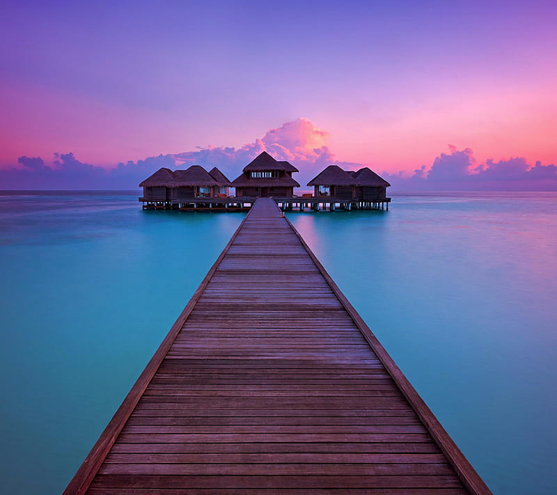 Paradise, pier, sea dock, sunset, ocean, HD wallpaper