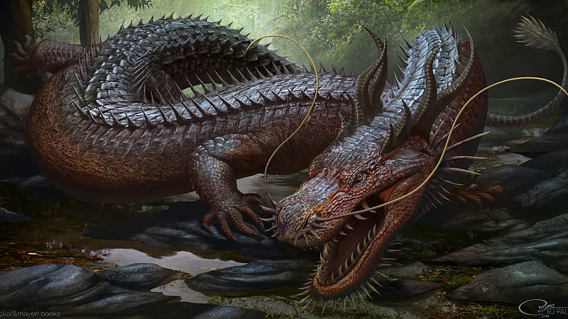 Fantasy Brown Big Dragon Is Lying On Stone With Mouth Open Dreamy, HD wallpaper