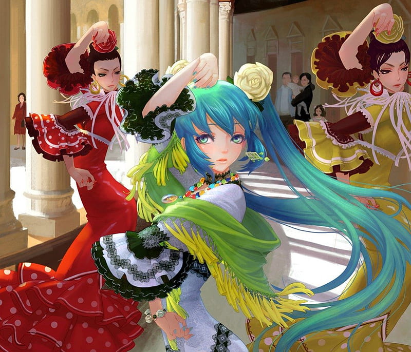 Hatsune Miku dancing flamenco, red, dress, flamenco, hatsune miku, manga, yellow, green, blue hair, anime, flower, dance, white, HD wallpaper