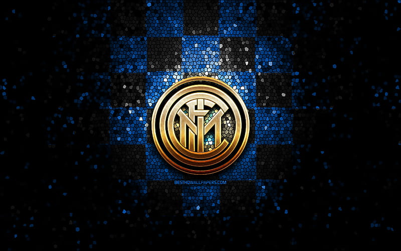 Inter Milan FC, glitter logo, Serie A, blue black checkered background, soccer, Internazionale, italian football club, Internazionale logo, mosaic art, football, Italy, Inter Milan logo, HD wallpaper