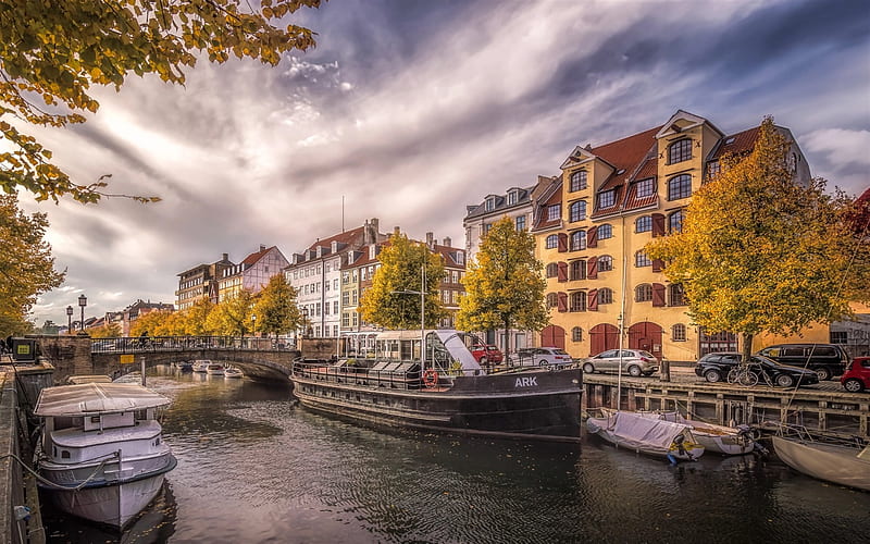 Copenhagen, houses, Denmark, canal, barges, autumn, capital of Denmark, HD wallpaper