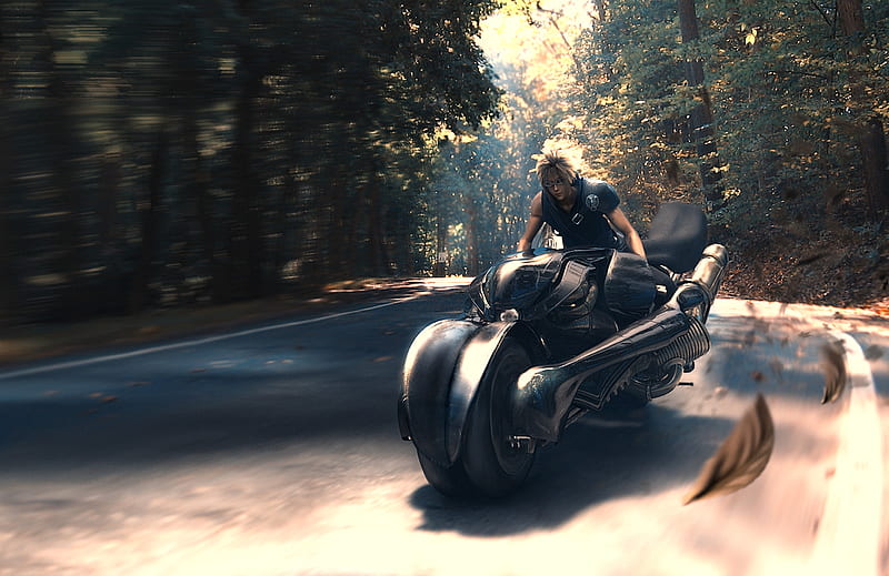 Just Having A Ride, forest, male, blonde hair, square enix, final fantasy vii, motorcycle, cloud strife, tree, final fantasy series, final fantasy vii advent children, nature, road, realistic, HD wallpaper
