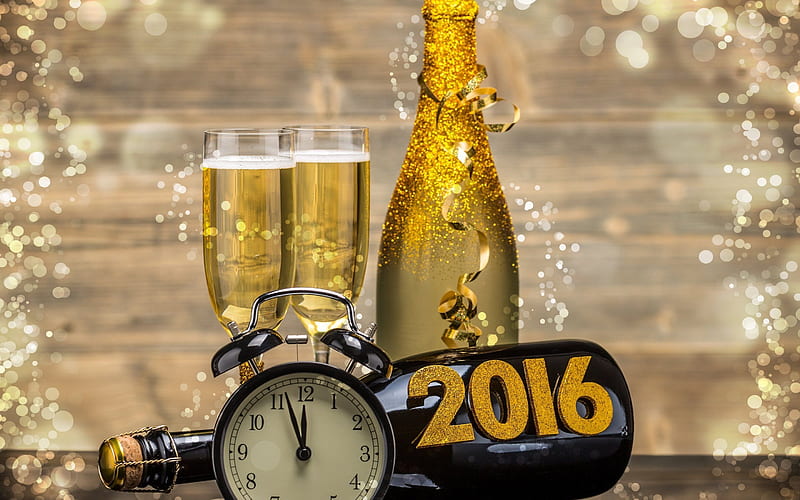 champagne, 2016, alarm clock, glasses, new year, HD wallpaper