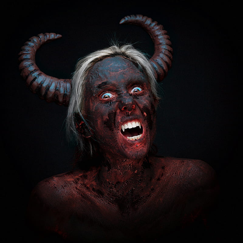demon, women, model, scary face, red, horror, horns, HD phone wallpaper