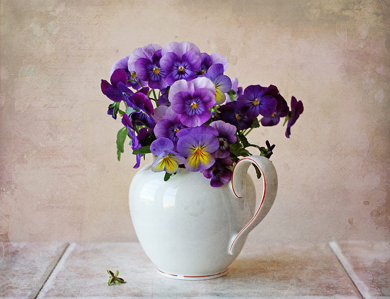 Pansies, purple, white, blue, vase, flower, pansy, HD wallpaper