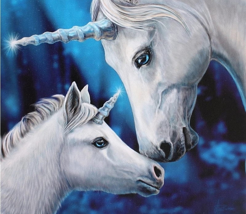 Unicorns, anne stokes, fantasy, unicorn, babt, white, mother, blue, art, luminos, cute, HD wallpaper
